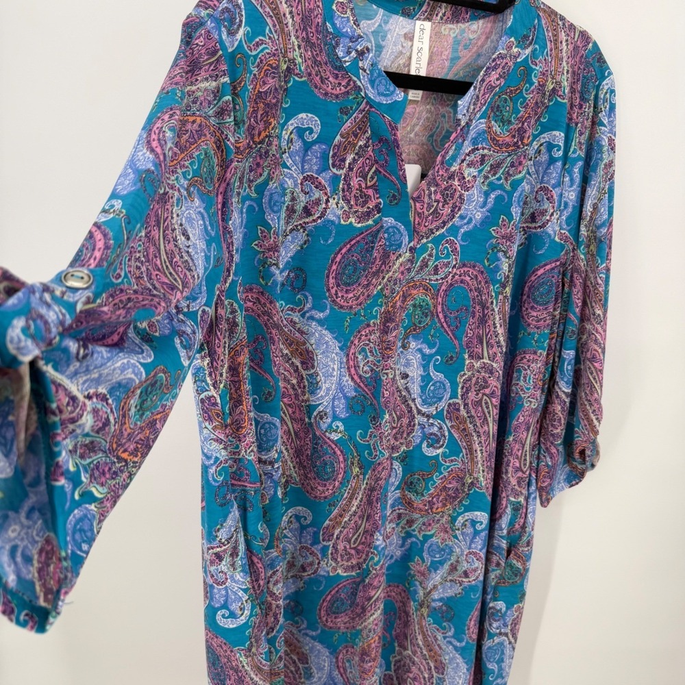 Dear Scarlett Teal Pink Paisley Roll Tab Sleeve Shift Dress 2X Non Wrinkle - Picture 2 of 10